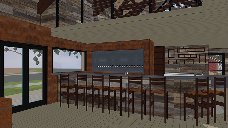 A rendering of the bar - high chairs surround the exposed wood bar top, taps line the back wall 